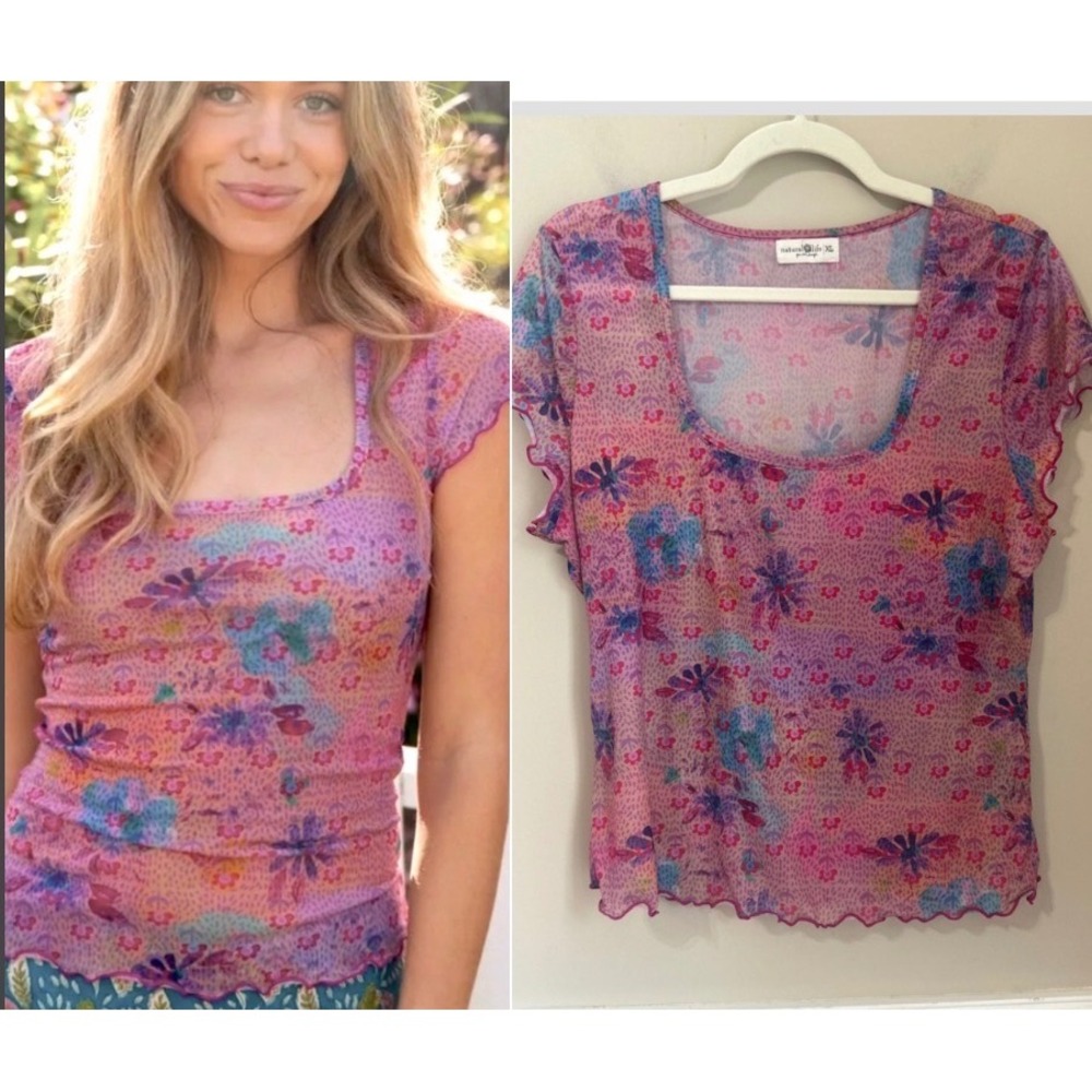 Natural Life XL Devon Sheer Mesh Top Pink Floral Lettuce Hem Ruffle Sleeve Boho